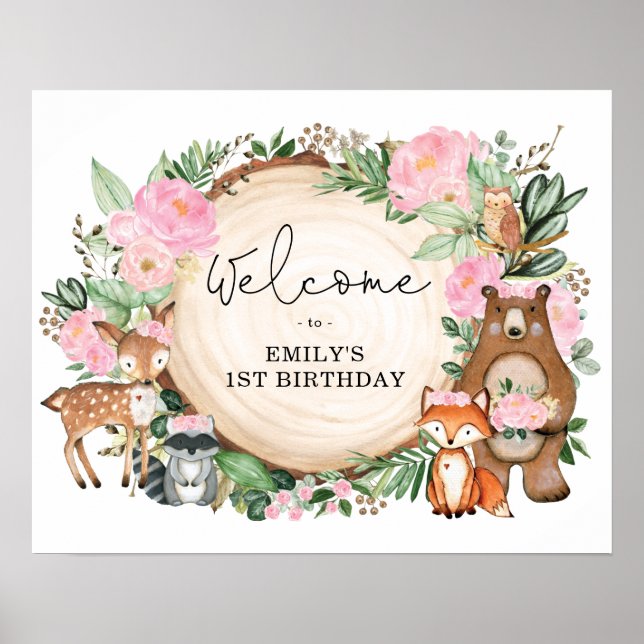 Girl Woodland Animals Pink Floral Birthday Welcome Poster (Front)