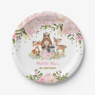 Girl Woodland Animals Pink Floral Forest Birthday Paper Plate