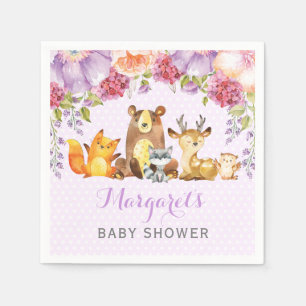 Girl Woodland Animals Purple Floral Baby Shower Napkin