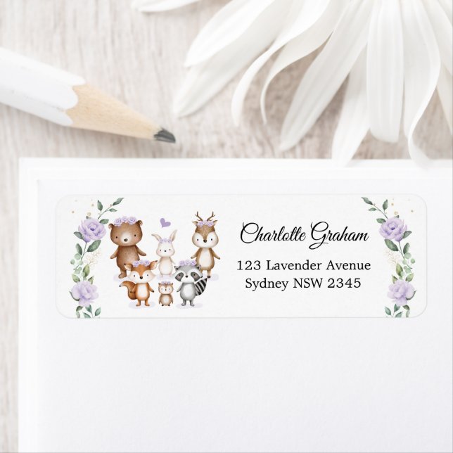 Girl Woodland Animals Purple Flower Return Address Label (Insitu)