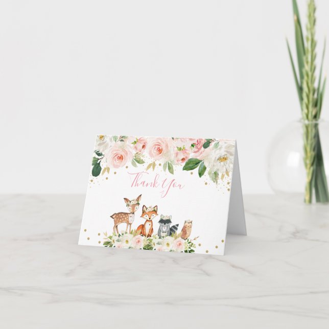 Girl Woodland Baby Shower Blush Floral Thank You (Front)