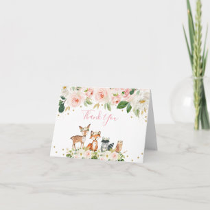 Girl Woodland Baby Shower Blush Floral Thank You Card