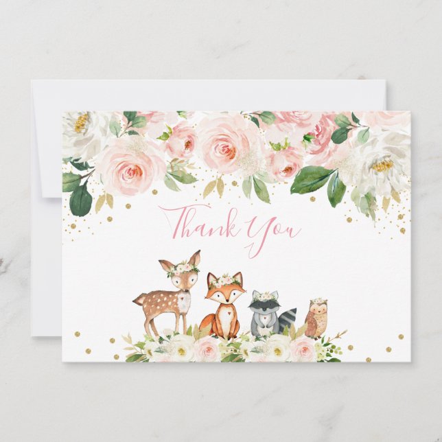 Girl Woodland Baby Shower Blush Floral Thank You Card (Front)