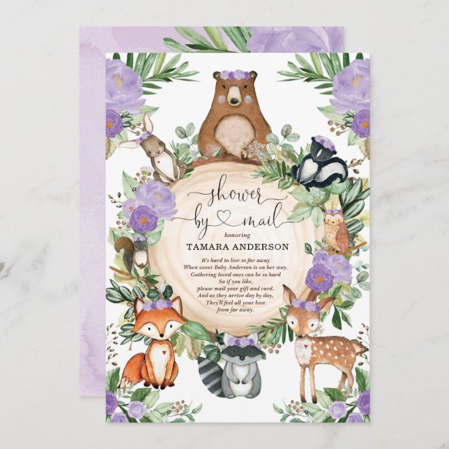 Girl Woodland Baby Shower By Mail Purple Floral Invitation (Front/Back)