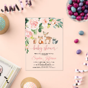 Girl Woodland Baby Shower Forest Animals Pink Rose Acrylic Invitations