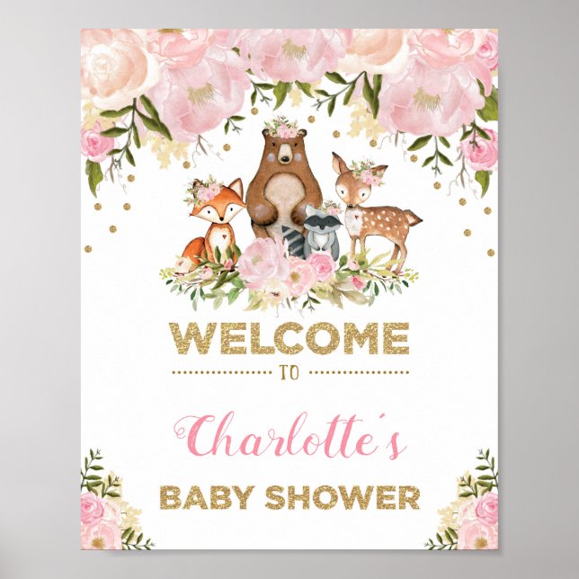 Girl Woodland Baby Shower Pink Floral Welcome Sign (Front)