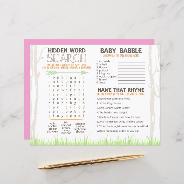 Girl Woodland Baby Shower Placemat Activity Sheet (Front/Back In Situ)