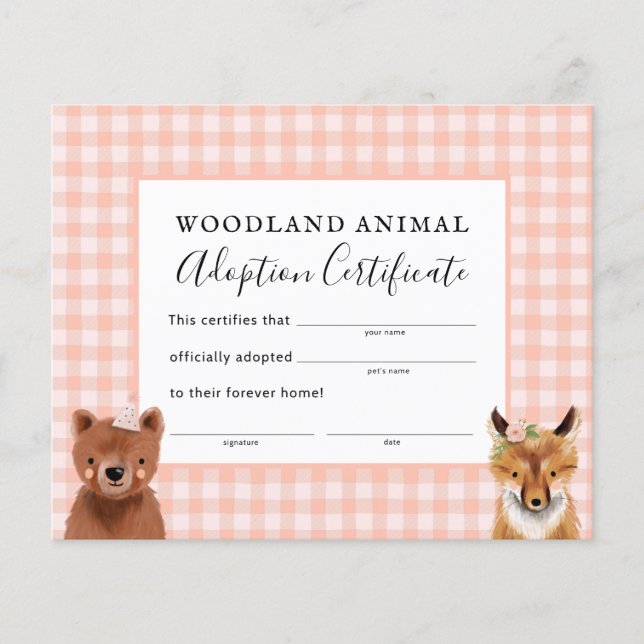 Girl Woodland Birthday Party Adoption Certificate (Front)