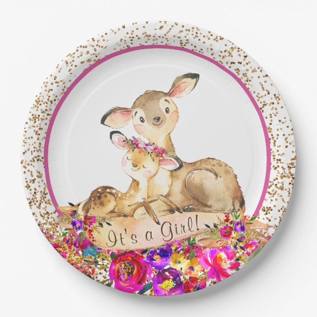 Girl Woodland Deer Baby Shower Paper Plates (Front)