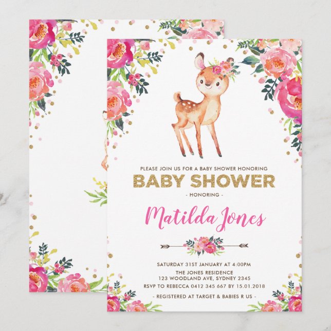 Girl Woodland Deer Floral Fawn Baby Shower Party Invitation (Front/Back)