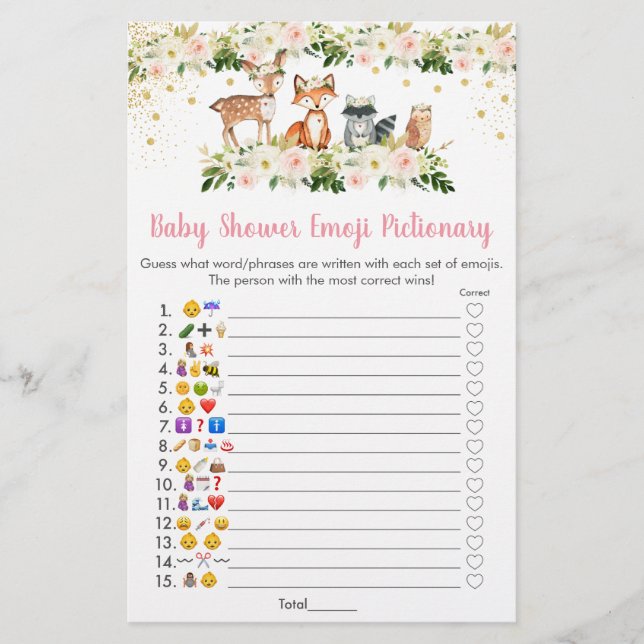 Girl Woodland Floral Emoji Pictionary Shower Game (Front)