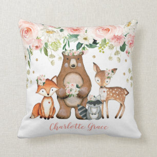 Girl Woodland Forest Animals Blush Floral Nursery Cushion