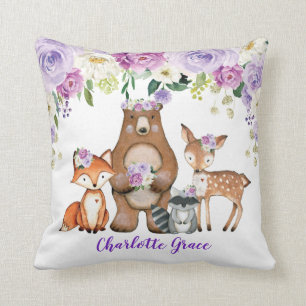 Girl Woodland Forest Animals Purple Floral Nursery Cushion