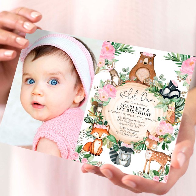 Girl Woodland Forest Pink Floral Wild One Birthday Invitation (Creator Uploaded)