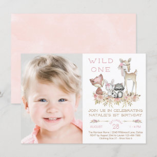 Girl Woodland Photo First Birthday Party Invitation