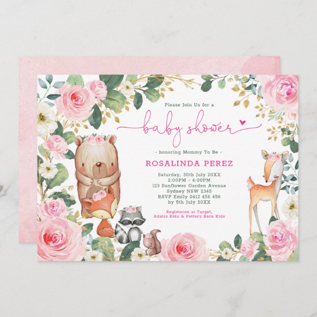 Girl Woodland Pink Floral Roses Forest Baby Shower Invitation (Front/Back)