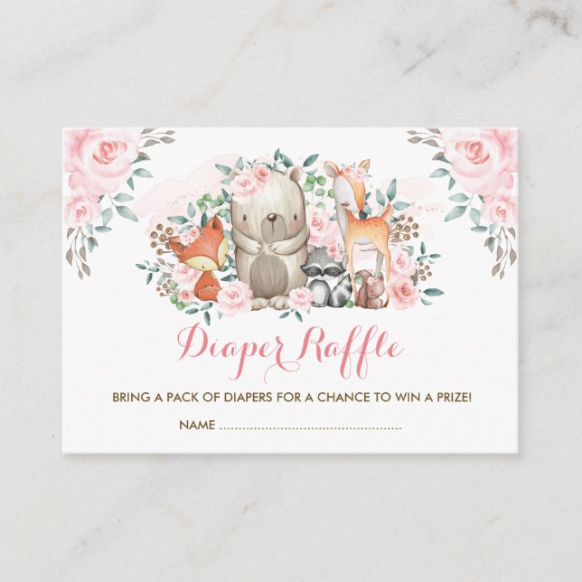 Girl Woodland Pink Rose Baby Animals Diaper Raffle Enclosure Card (Front)
