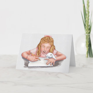 Girl writing with pet rabbit eating paper/original thank you card