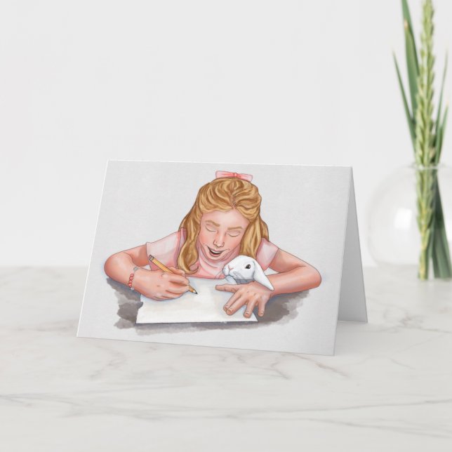 Girl writing with pet rabbit eating paper/original thank you card (Front)