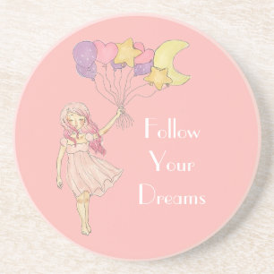 Girl Yellow Purple Heart Stars Moon Balloons Coaster