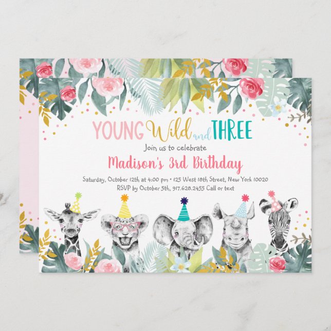 Girl Young Wild And Three Party Animal Birthday Invitation (Front/Back)
