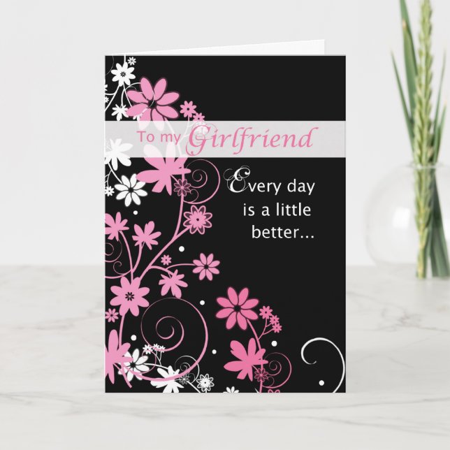 Girlfriend Birthday Card, Pink, Black, Swirls Card (Front)
