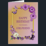 Girlfriend Birthday Flowers and Butterflies<br><div class="desc">A lovely floral birthday card for a girlfriend. Flowers and butterflies on a golden frame.A lilac theme gives a relaxed yet luxurious feel. A wonderful card to give to someone you care for on their birthday.</div>