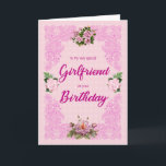 Girlfriend Birthday with Pink Roses Card<br><div class="desc">A pretty birthday card for a girlfriend. An elegant tracery in pink sets of the four pink roses. The background is a pale pink pattern of flowers. A lovely card to send to a girlfriend on her birthday.</div>