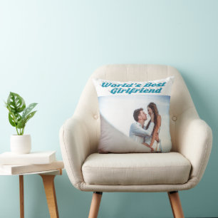 Girlfriend with sky blue typography photo cushion