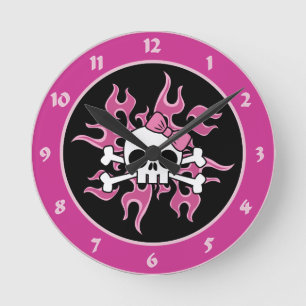 Girlie Flaming Skull Round Clock