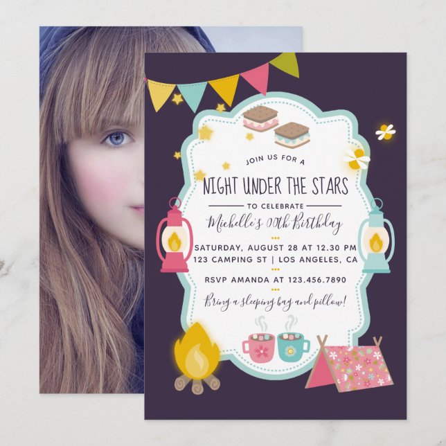 Girlie Glamping Birthday Party add photo Invite (Front/Back)