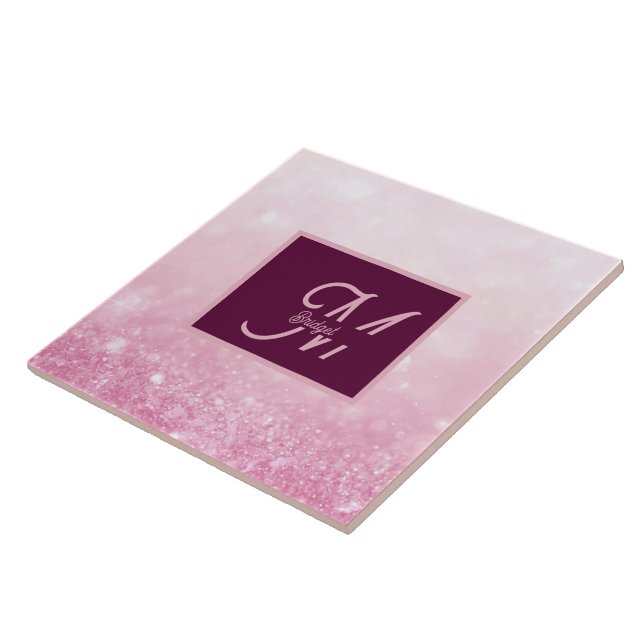 Girlie Pink Feminine Glitter Abstract gradient  Ceramic Tile (Side)