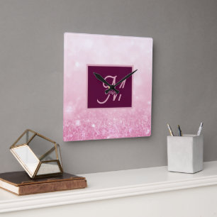 Girlie Pink Feminine Glitter Abstract gradient Square Wall Clock