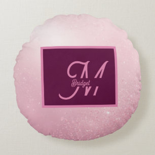 Girlie Pink Feminine Soft Sparkle Ombre monogram Round Cushion