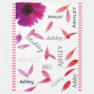 Girlie Pink Stripes w/Flower & Name Fleece Blanket