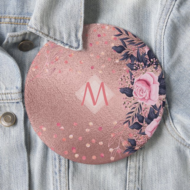 Girliest Ever ROSEGOLD Blue Pink Floral MONOGRAM 6 Cm Round Badge (In Situ)