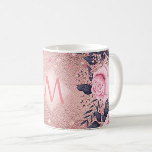 Girliest Ever ROSEGOLD Blue Pink Floral MONOGRAM Coffee Mug