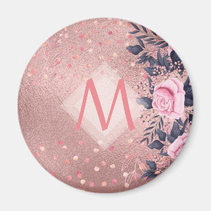Girliest Ever ROSEGOLD Blue Pink Floral MONOGRAM Magnet