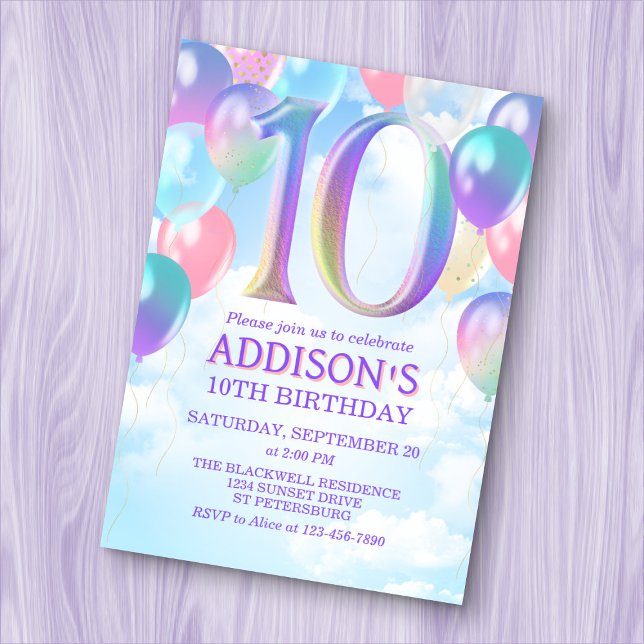 Girls 10th Birthday Rainbow Balloons Invitation (Creator Uploaded)