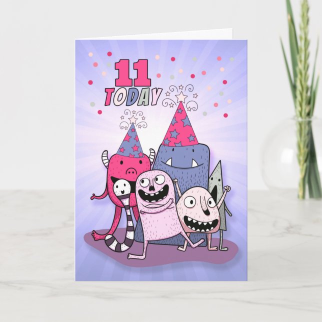 Girls 11th Pink and Purple Monster Birthday Card (Front)