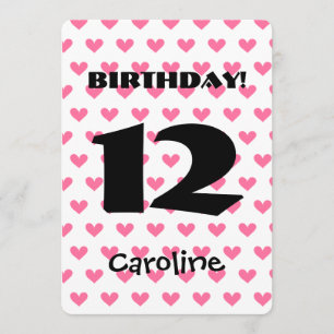 Girl's 12th Birthday Custom Name Modern W11 HEARTS Invitation