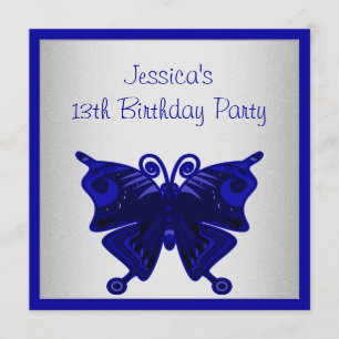 Girls 13th Birthday Cobalt Blue Butterfly Silver Invitation