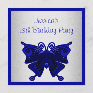Girls 13th Birthday Cobalt Blue Butterfly Silver Invitation