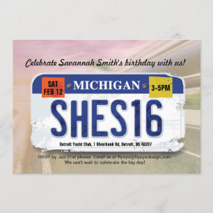 Girl's 16th Birthday Michigan License Invitation