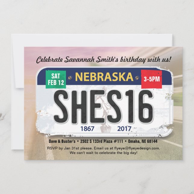 Girl's 16th Birthday Nebraska License Invitation (Front)