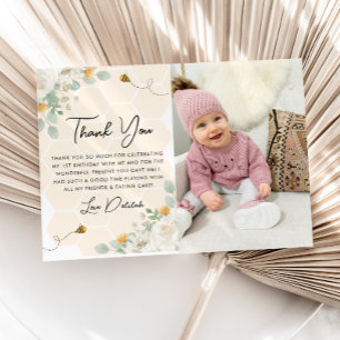 Girls 1st Birthday Bee Day Photo Thank You Card