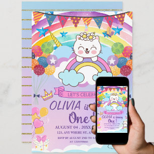  Girl's 1st Birthday Cute Unicorn Cat On Rainbow  Invitation
