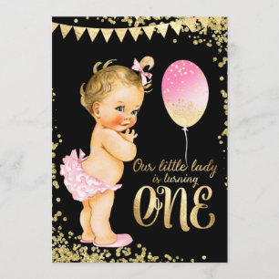 Girls 1st Birthday Gold Foil Glitter Invitation