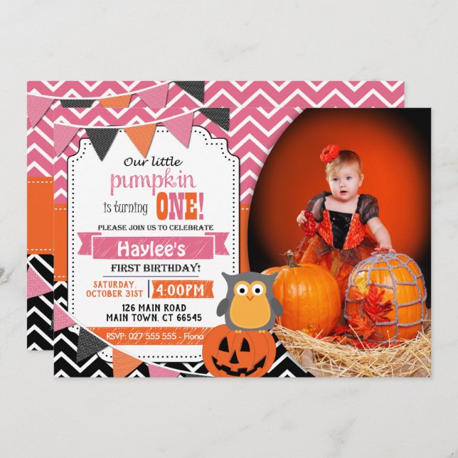Girls 1st Birthday Halloween Birthday Invite (Front/Back)