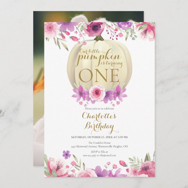 Girls 1st Birthday Little Pumpkin Floral Photo Invitation (Front/Back)